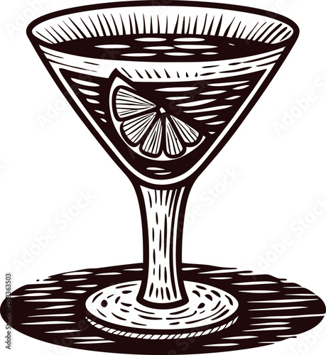 Hand drawn cocktail glass with lemon slice vintage sketch illustration of a classic drink in engraved