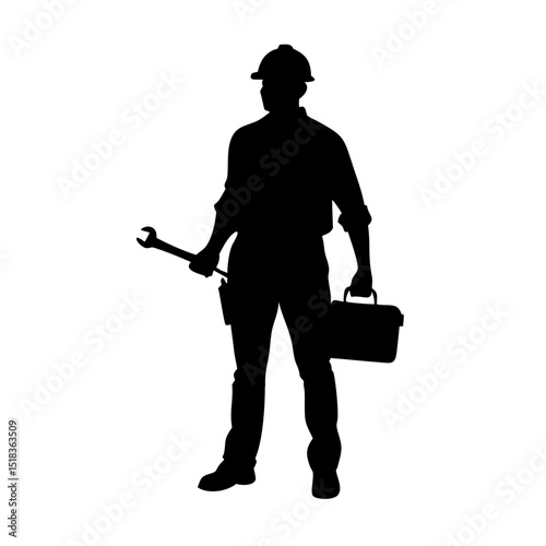 Construction Worker Silhouette with Wrench and Toolbox, Handyman Clipart Vector, Skilled Tradesman Shadow Art, Repairman in Hard Hat Illustration, Maintenance Labor Icon, Builder Graphic

