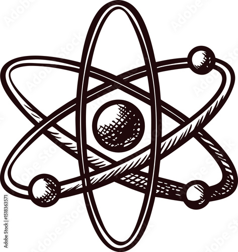 Hand drawn atomic model illustration with orbiting electrons and nucleus in vintage sketch