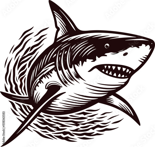 Fierce great white shark illustration with open mouth and sharp teeth in swirling water, bold black outline drawing