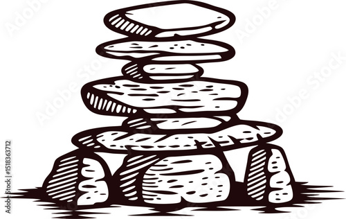 Balanced stack of stones depicted in black and white artwork