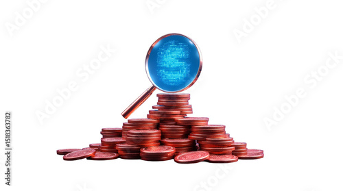 Stack of Glowing Neon Coins Arranged in a Dynamic Spiral with a Holographic Magnifying Glass Projection