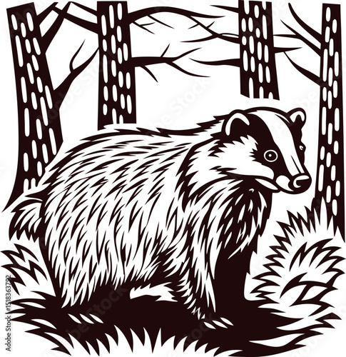 Detailed of a badger in a forest setting with trees and vegetation