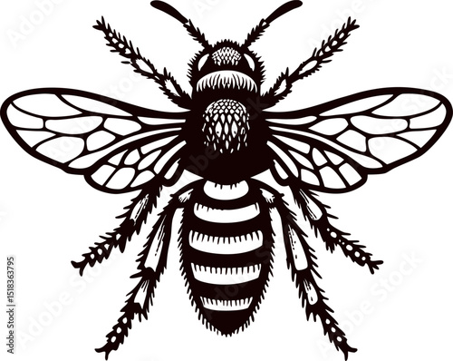 Detailed black and white of a bee with intricate wing patterns and body markings