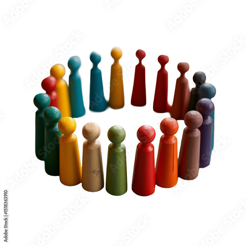 Multicolored Wooden Figurines Arranged in a Circle on a Textured World Map – Multicolored wooden figurines arranged in a circle on a textured world map, symbolizing global diversity and unity.