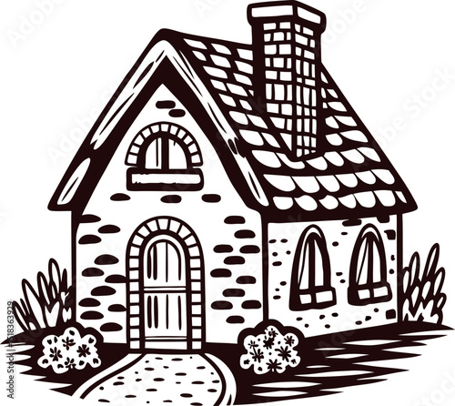Rustic cottage with chimney and arched door, surrounded by bushes, vintage hand drawn illustration
