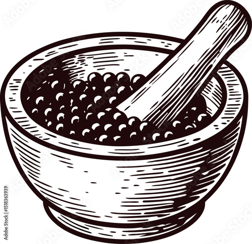 Hand drawn vintage mortar and pestle illustration with round spice balls in wooden bowl engraving