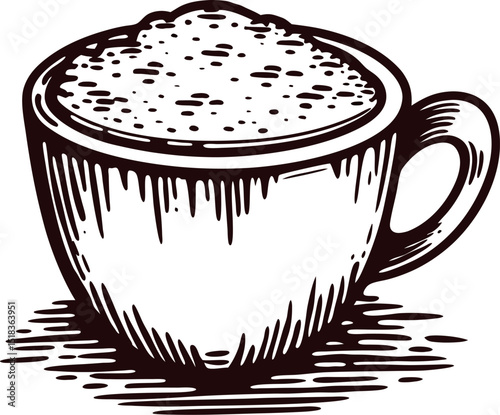 Hand drawn illustration of a cappuccino coffee cup with frothy milk foam in vintage engraving
