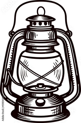 Vintage hand drawn oil lantern illustration in retro engraved style, isolated on white background