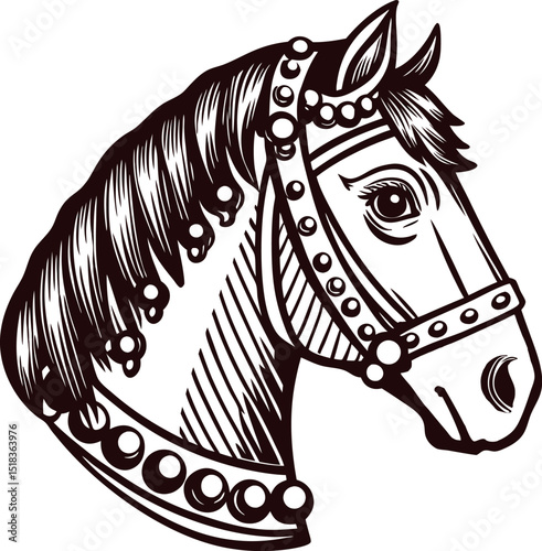 Detailed vintage engraved illustration of a horse head in profile view with decorative bridle and mane