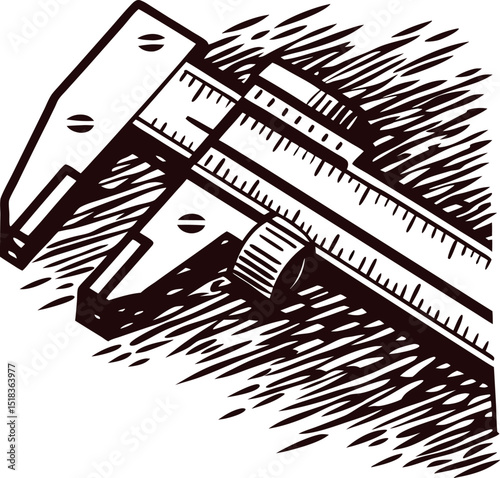 Hand drawn engraving of caliper measuring tool with vintage lines and woodcut illustration