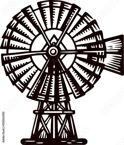 Hand drawn vintage windmill illustration with detailed blades and tower structure in retro engraved