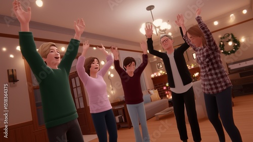 Group of friends celebrating in a cozy living room during a holiday gathering while enjoying joyful moments together