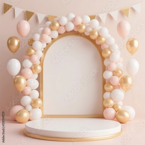 Balloon garland decoration elements. Frame arch for wedding, birthday, baby shower party celebration. Pastel white and gold banner background with round empty space. 3d render illustration. - 1