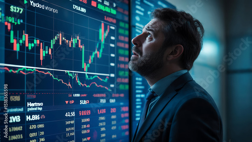 A businessman in a suit looks up at stock market data displayed on a screen, with a concerned expression. Close up, low angle shot.