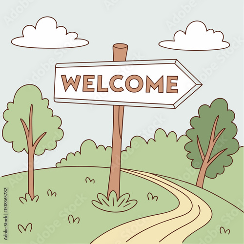 Vintage wooden signboard with text Welcome next to a forest road. Vector illustration
