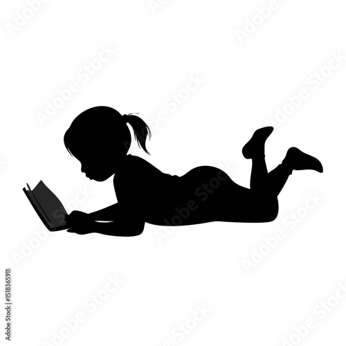 Girl Reading Book Silhouette Vector, Child Lying Down Reading Clipart, Black and White Education Illustration for Kids Learning, Library Posters, Homeschool, and Classroom Decor

