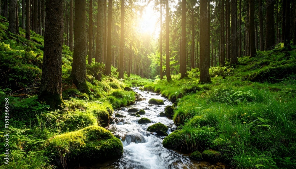 Obraz premium Clear Stream Winding Through a Sunlit Forest