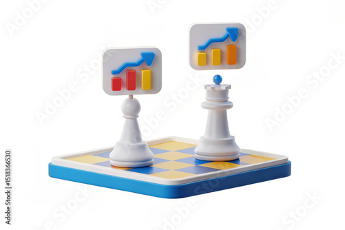 Business strategy concept with chess pieces and growth chart icons on small board symbolizing planning and success in competition and market advantage