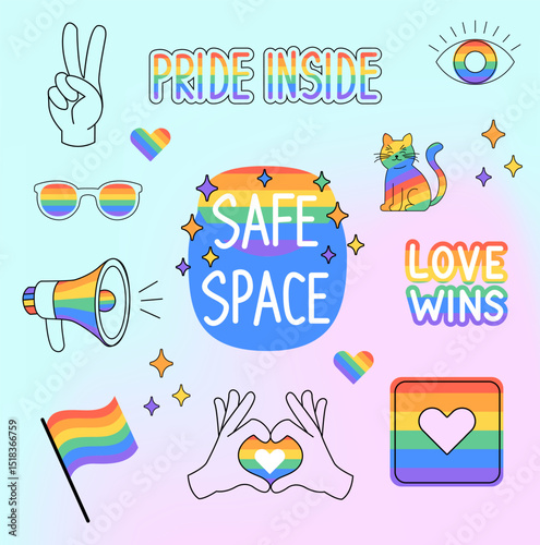 LGBT safe space, pride month. lovely vector elements for decorate or print. love wins, cat, glass and flag, peaceful vector illustrations.