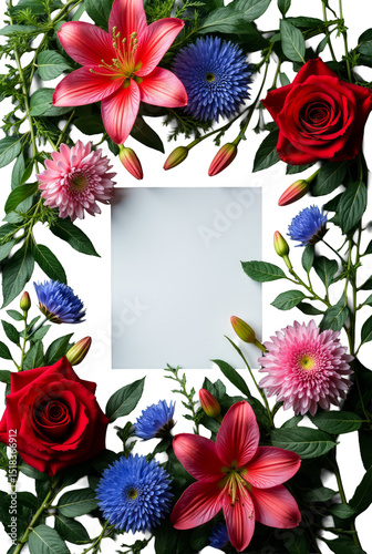 Vibrant Floral Arrangement Surrounding Blank White Card on Black Background