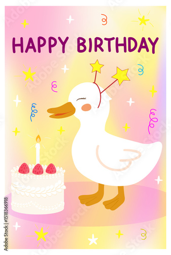 Happy Birthday background with cartoon character party white duck with cake. typography print design, child congrats postcard bright and funny simple illustration.