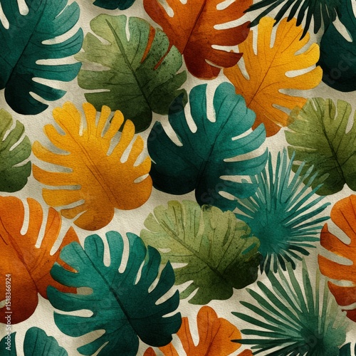 Seamless pattern featuring vibrant tropical leaves in shades of green, orange, and teal, creating a lively and fresh botanical design for various creative projects