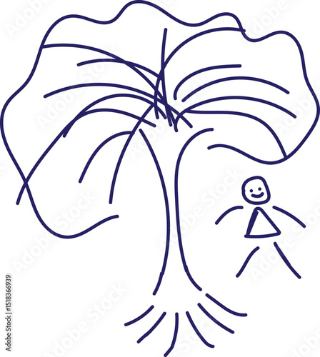Artistic hand-drawn sketch featuring a tree, a blooming flower, and a male figure. This black-and-white illustration is ideal for creative projects, nature-themed designs, storytelling visuals, and co