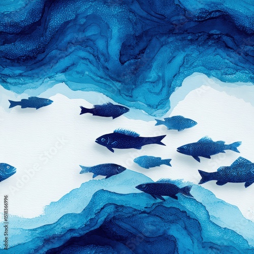 Seamless pattern featuring abstract blue waves and fish illustrations, showcasing fluid movement and vibrant aquatic life in a harmonious design for creative projects