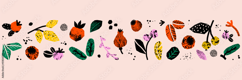 Obraz premium Autumn horizontal banner with grunge texture. Thanksgiving and Harvest Day. Border with cutout collage element. Vector illustration.