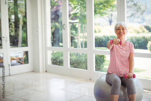 Senior white woman balancing on grey stability ball in home gym holding pink dumbbells, copy space Free Download Senior white woman balancing on grey stability ball in home gym holding pink dumbbells, copy space - GFXLoad