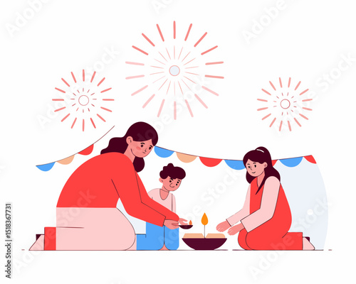 A joyful girl lights diyas in a vibrant Diwali courtyard with rangoli and fireworks. A festive, cultural design.