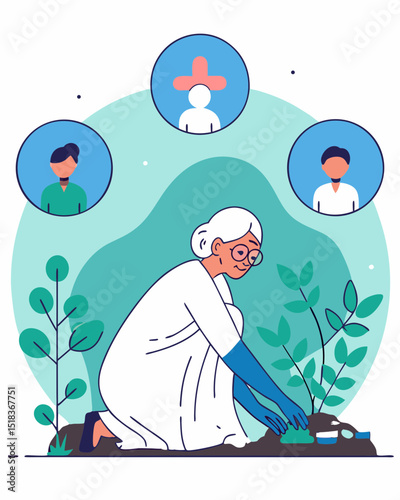 A resilient widow tends her garden with quiet strength. A poignant, cultural design.