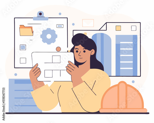A focused engineer designs a bridge, her face sharp with determination. A sleek, professional design.