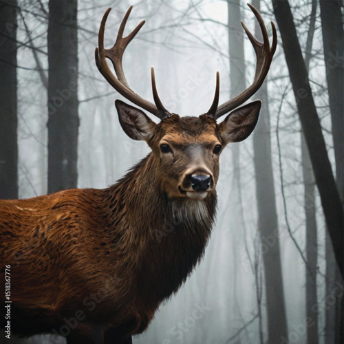 Deer with antlers standing in the forest surrounded by nature and wildlife