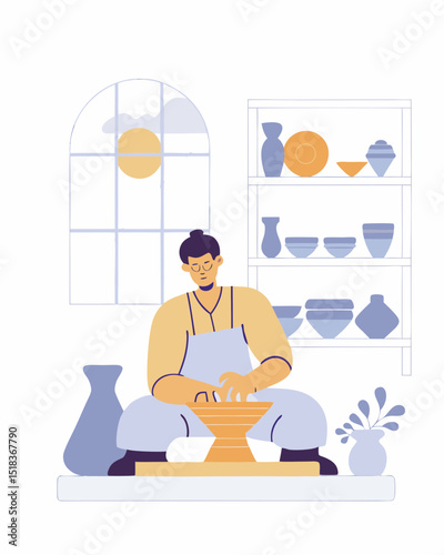 A patient potter shapes clay, his face calm and focused. An earthy, cultural design.