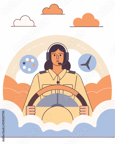 A fearless female pilot soars over clouds at sunset, embodying courage. A dramatic, adventurous design.