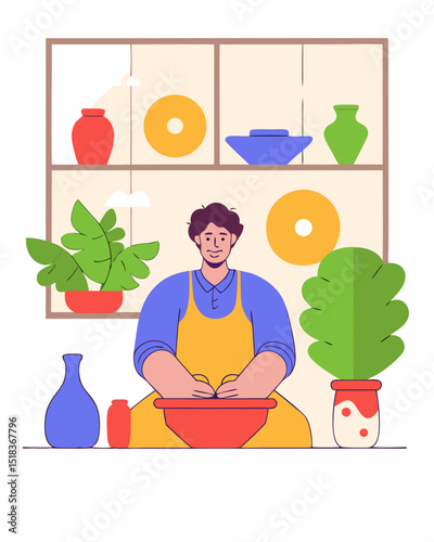 A patient potter shapes clay, his face calm and focused. An earthy, cultural design.