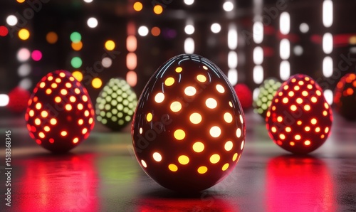 Illuminated Easter eggs, futuristic setting, holiday celebration, vibrant background