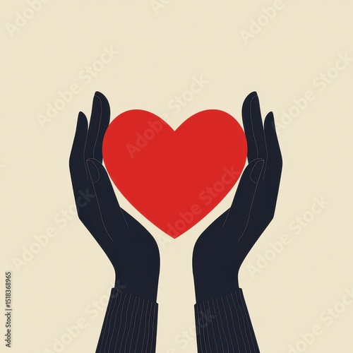 creative style of two dark hands gently holding a bright red heart on a light background.