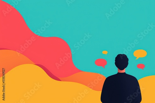 A person looks at colorful speech bubbles and abstract waves, evoking thoughts of communication and creativity.