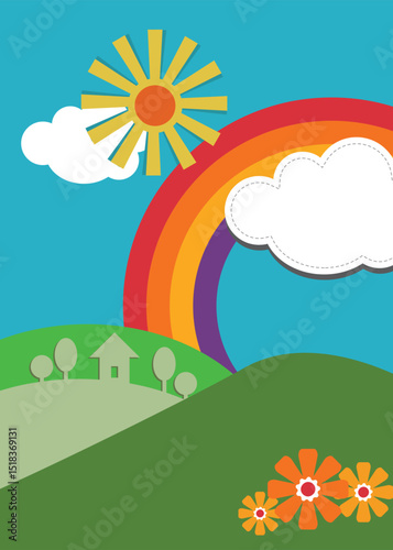 rainbow and clouds background. Paper pastel colored rainbow. Vector art and illustration