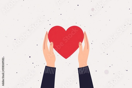 Two hands gently hold a red heart on a light, speckled background, symbolizing love, care, and kindness.