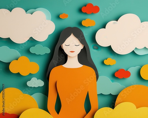 A serene woman with closed eyes is surrounded by colorful paper clouds against a teal background in a minimalist, cut-out style.