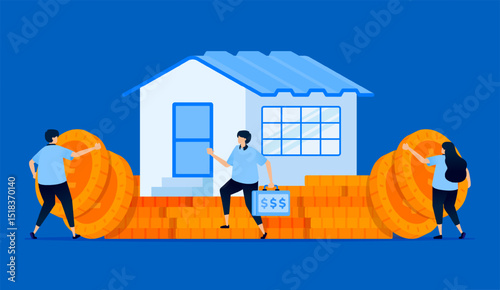 Illustration of saving in a mortgage with a down payment, symbolizing financial planning for homeownership, designed for real estate websites, banking apps, and mortgage services
