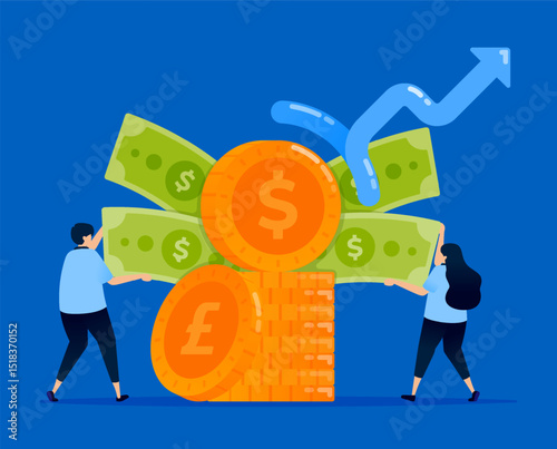Illustration of people withdrawing money from piles of investment funds with rising rates, designed for investment platforms, financial blogs, and banking services