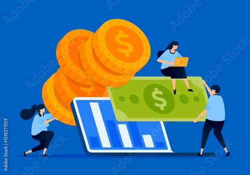 Illustration of a laptop analyzing finances for loan applications with progressive interest rates, designed for fintech platforms, loan services, and financial education websites