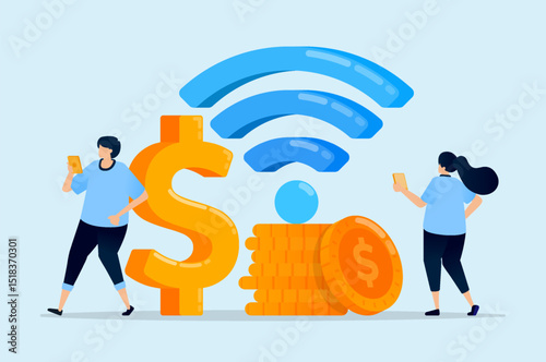 Illustration of a dollar sign and wifi in 3D form representing financial system integration with internet technology, designed for fintech platforms, banking apps, and tech websites.