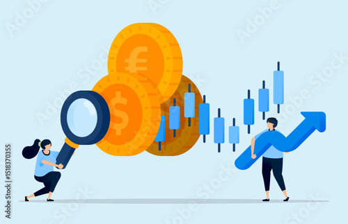 Illustration of floating candlesticks and magnifying glass searching for coin money, symbolizing currency analysis for stocks and investments with increasing returns. Can be used for trader platforms