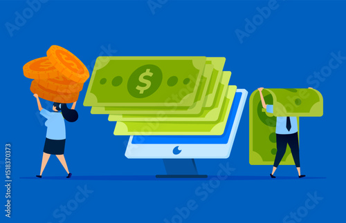Illustration of monitors displaying piles of green paper money, financial and accounting software developed by fintech companies. Can be used for software websites, finance apps, and fintech